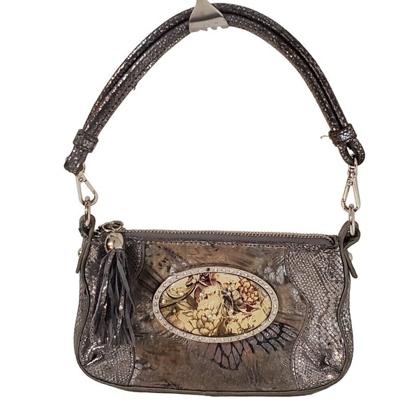 Debbie Brooks Signed Mini Purse Mixed Floral Snake Butterfly Leather w/tassel - Picture 1 of 9